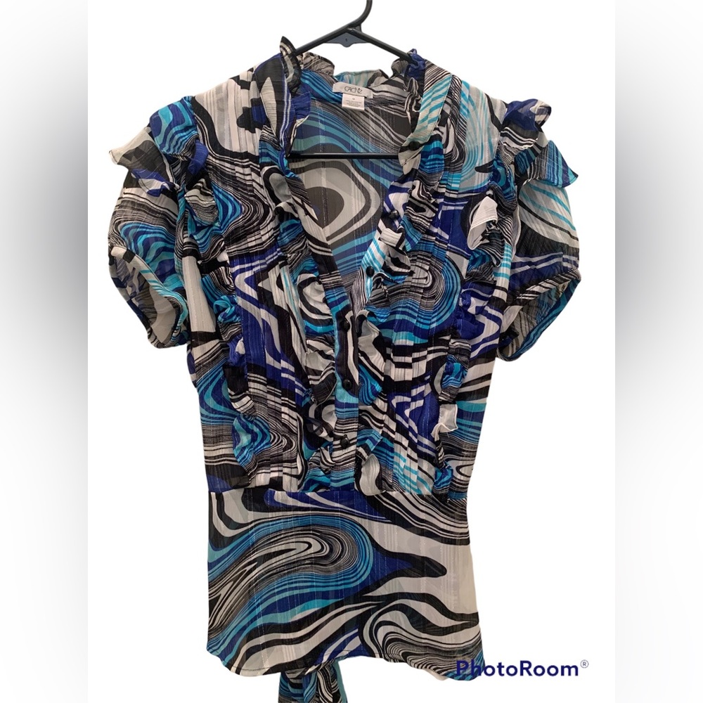 Cache blue sheer short sleeve blouse, Medium